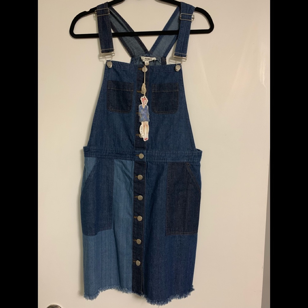 Denim skirt overalls- fringe bottom- patchwork